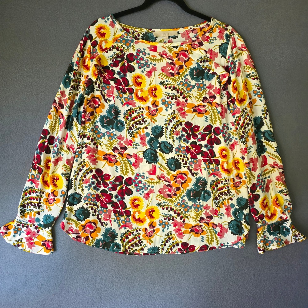 Loft Floral Blouse Womens Medium Multicolor Ruffle Cuff Long Sleeve Top